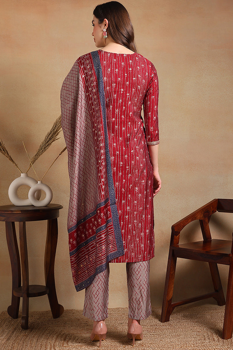 Maroon Silk Blend Embroidered Straight Suit Set PKSKD2235