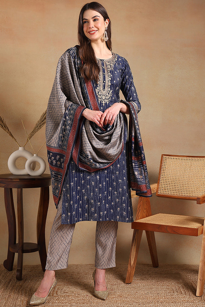 Navy Blue Silk Blend Embroidered Straight Suit Set PKSKD2236