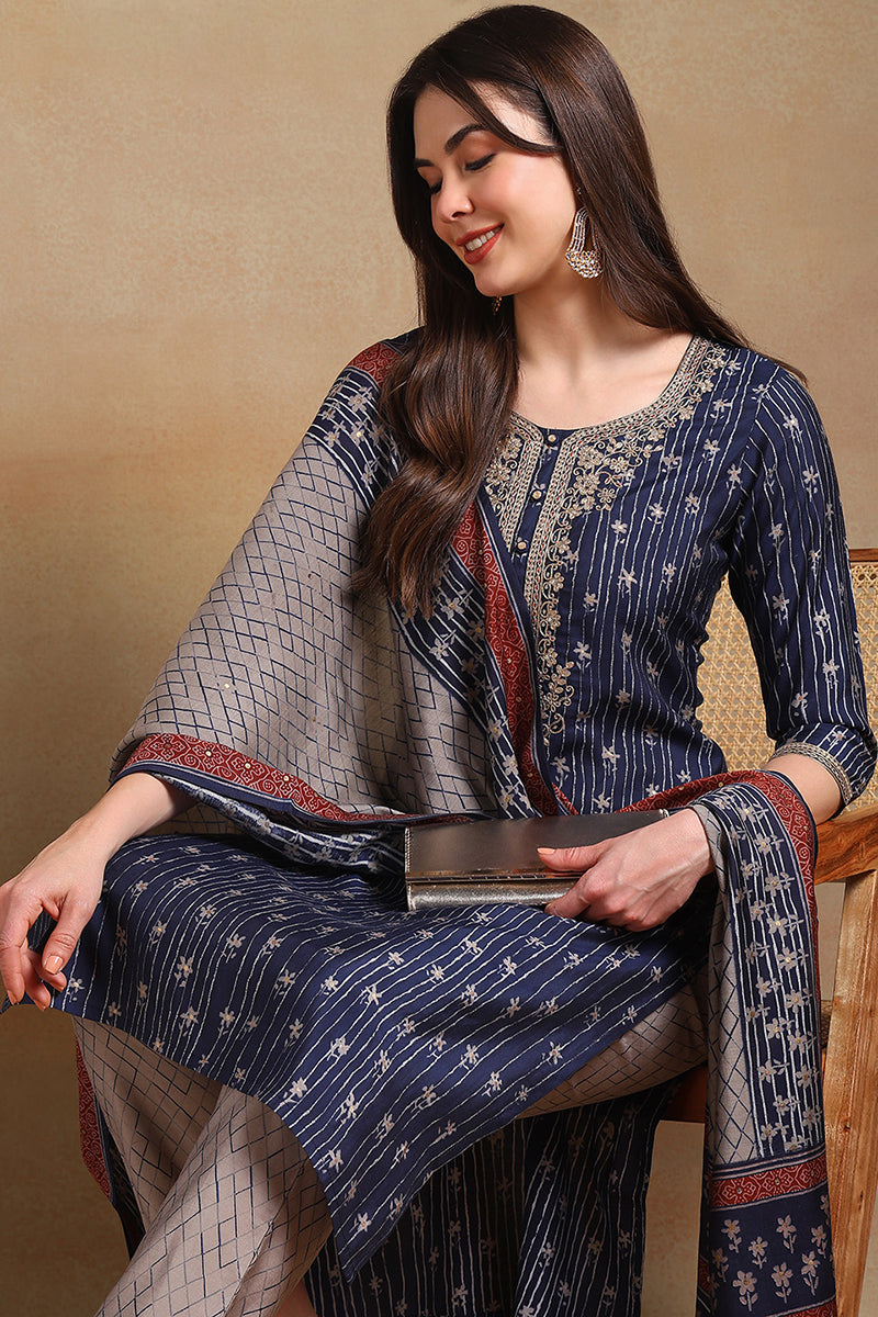 Navy Blue Silk Blend Embroidered Straight Suit Set PKSKD2236