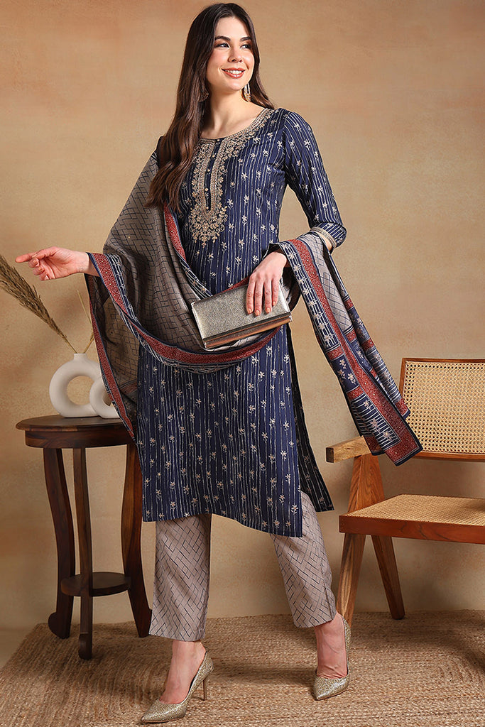 Navy Blue Silk Blend Embroidered Straight Suit Set PKSKD2236