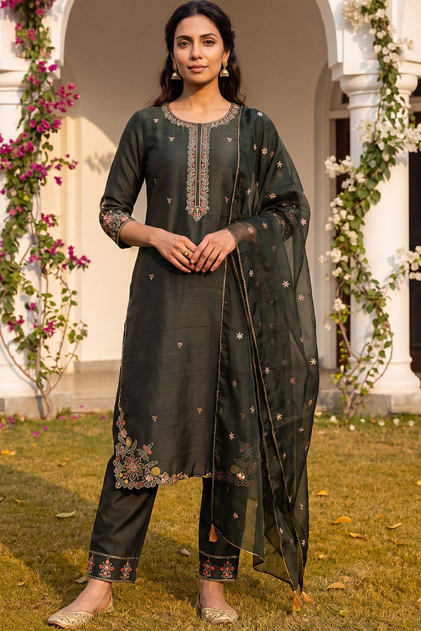 Olive Green Silk Blend Floral Embroidered Straight Suit Set PKSKD2239