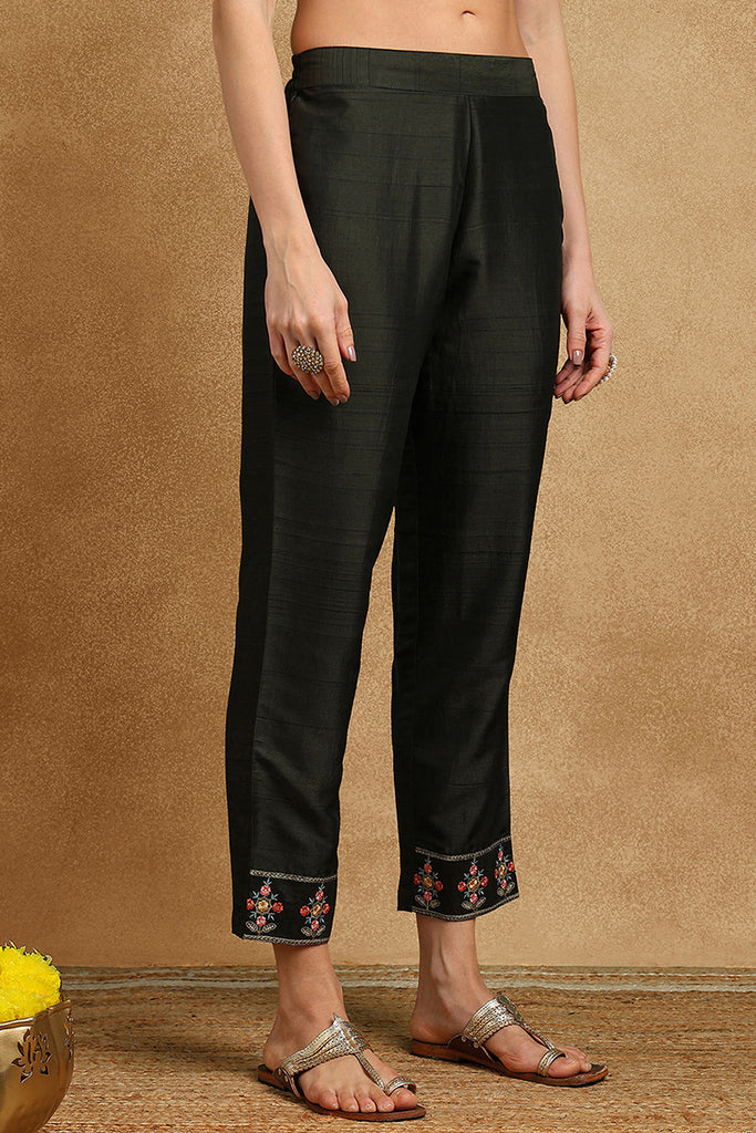 Olive Green Silk Blend Floral Embroidered Straight Suit Set PKSKD2239