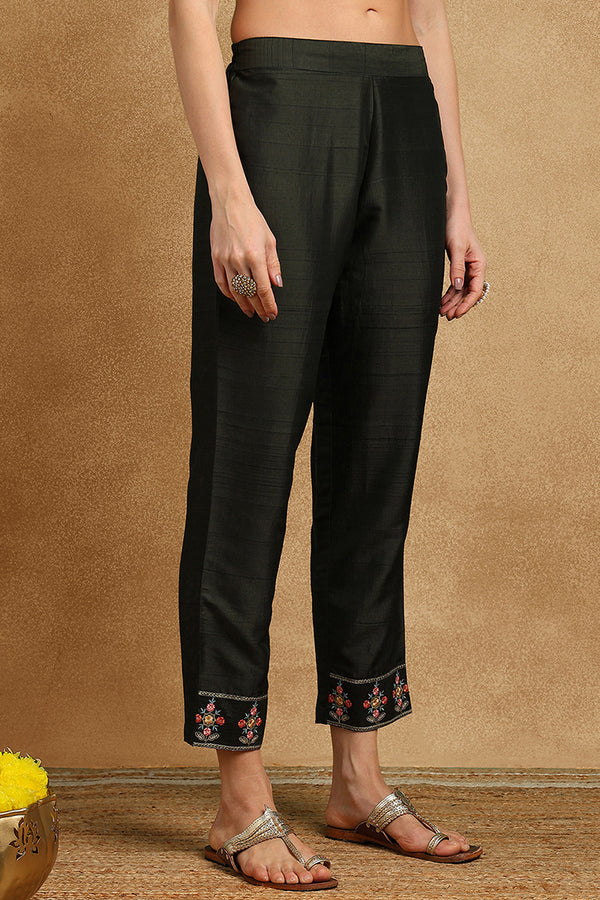 Olive Green Silk Blend Floral Embroidered Straight Suit Set PKSKD2239