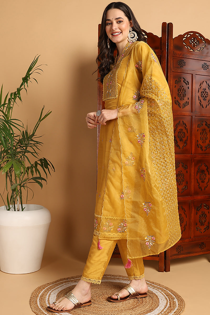 Mustard Yellow Silk Blend Floral Embroidered Straight Suit Set PKSKD2240