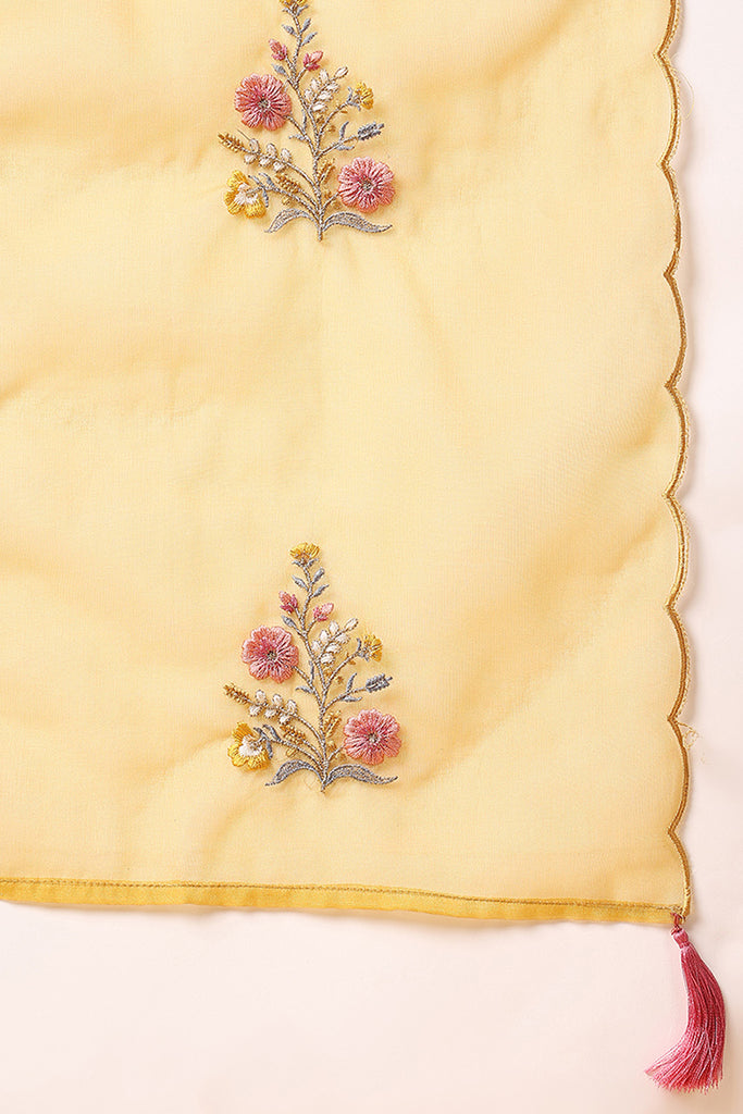 Mustard Yellow Silk Blend Floral Embroidered Straight Suit Set PKSKD2240