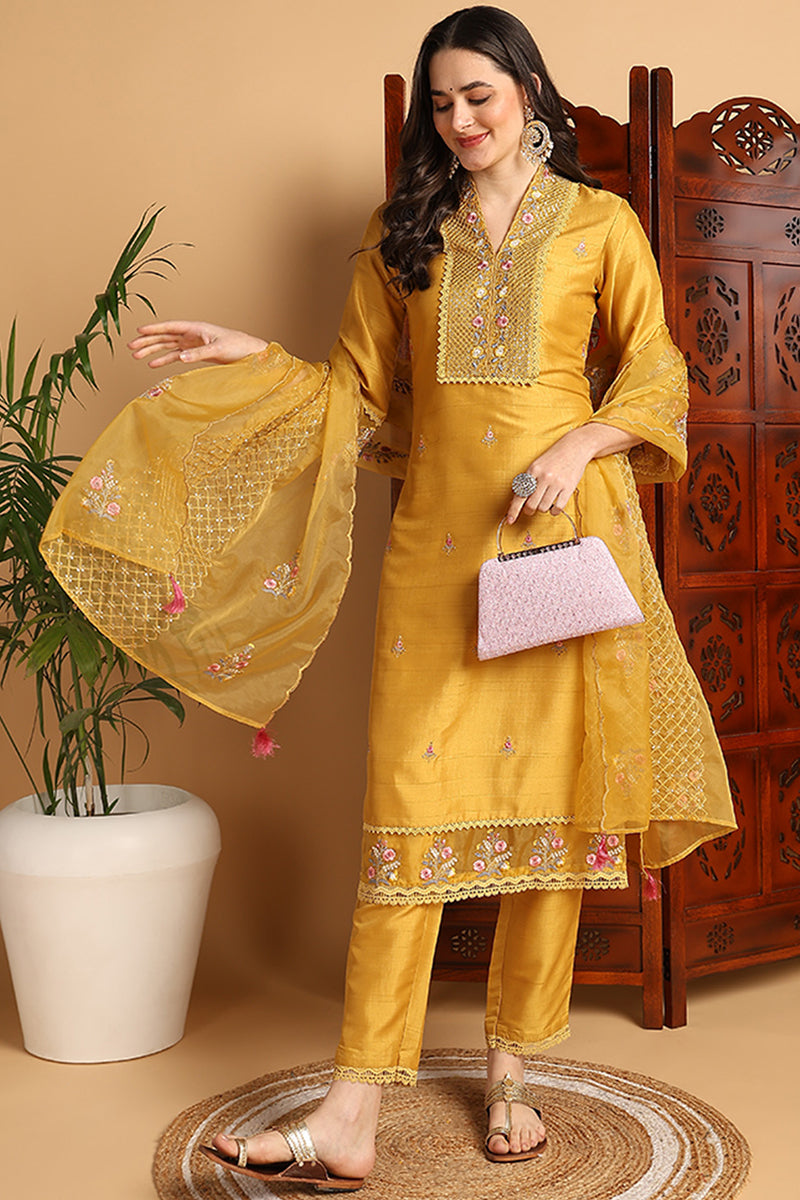 Mustard Yellow Silk Blend Floral Embroidered Straight Suit Set PKSKD2240