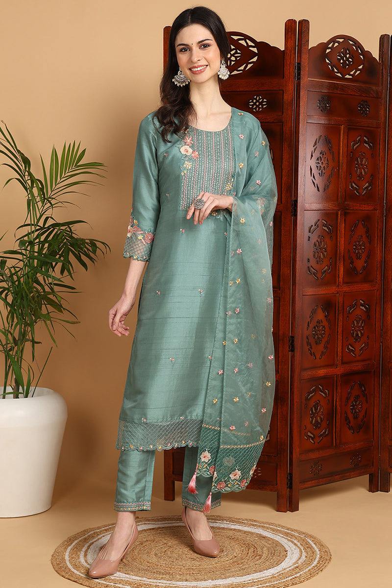 Teal Green Silk Blend Floral Yoke Design Straight Suit Set PKSKD2242