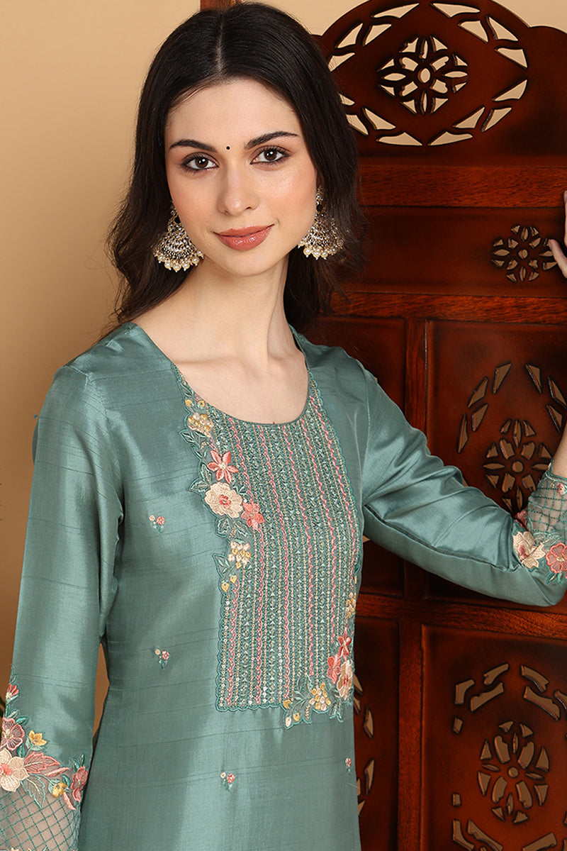 Teal Green Silk Blend Floral Yoke Design Straight Suit Set PKSKD2242