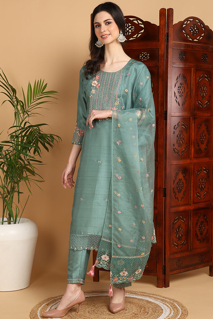 Teal Green Silk Blend Floral Yoke Design Straight Suit Set PKSKD2242