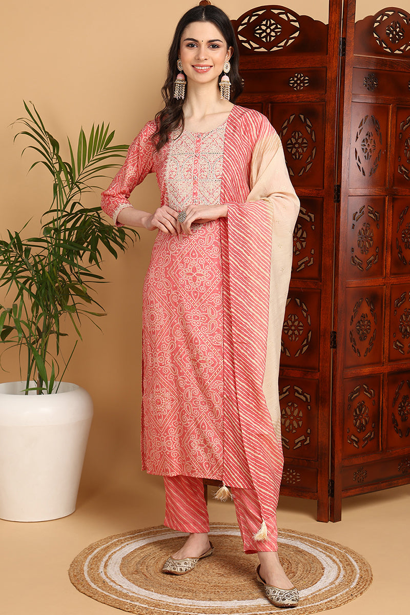 Peach Viscose Rayon Bandhani Printed Straight Suit Set PKSKD2248