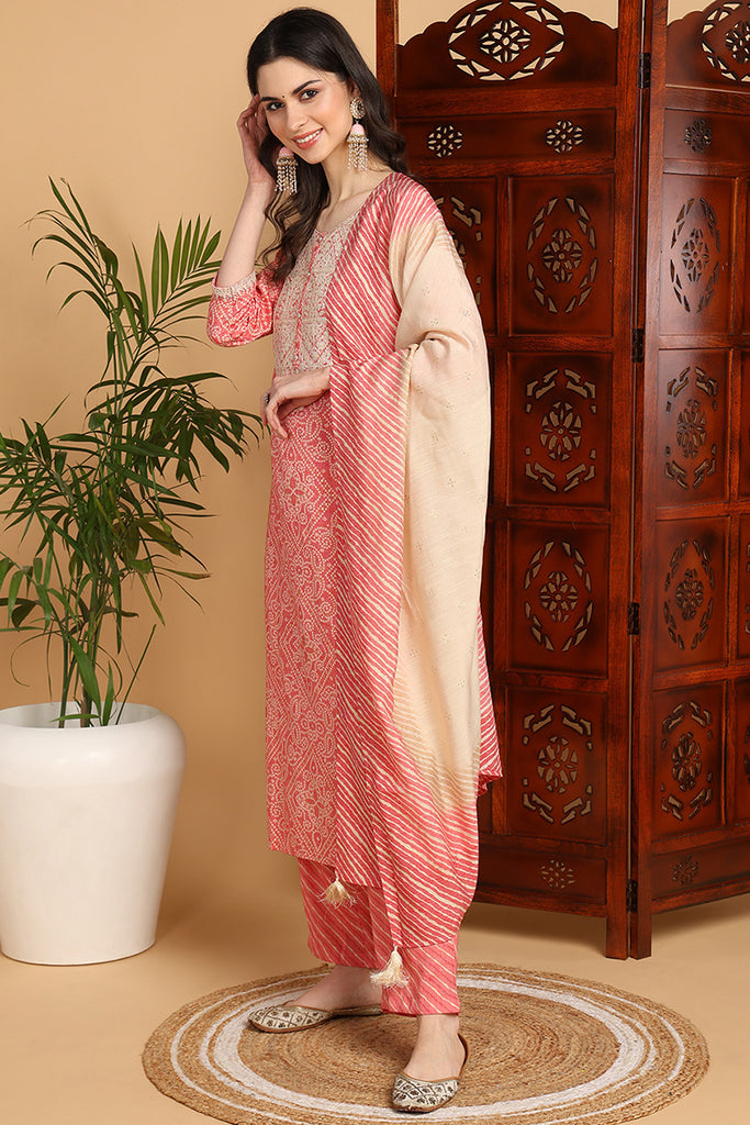 Peach Viscose Rayon Bandhani Printed Straight Suit Set PKSKD2248