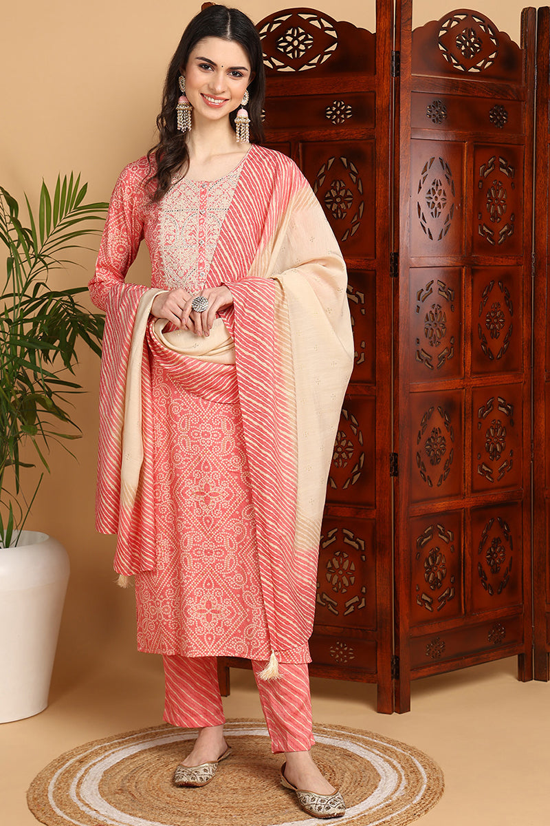 Peach Viscose Rayon Bandhani Printed Straight Suit Set PKSKD2248