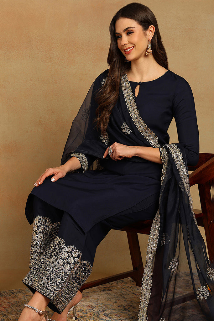 Navy Blue Silk Blend Solid Embroidered Straight Suit Set PKSKD2249