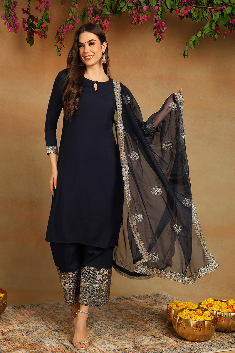 Navy Blue Silk Blend Solid Embroidered Straight Suit Set PKSKD2249