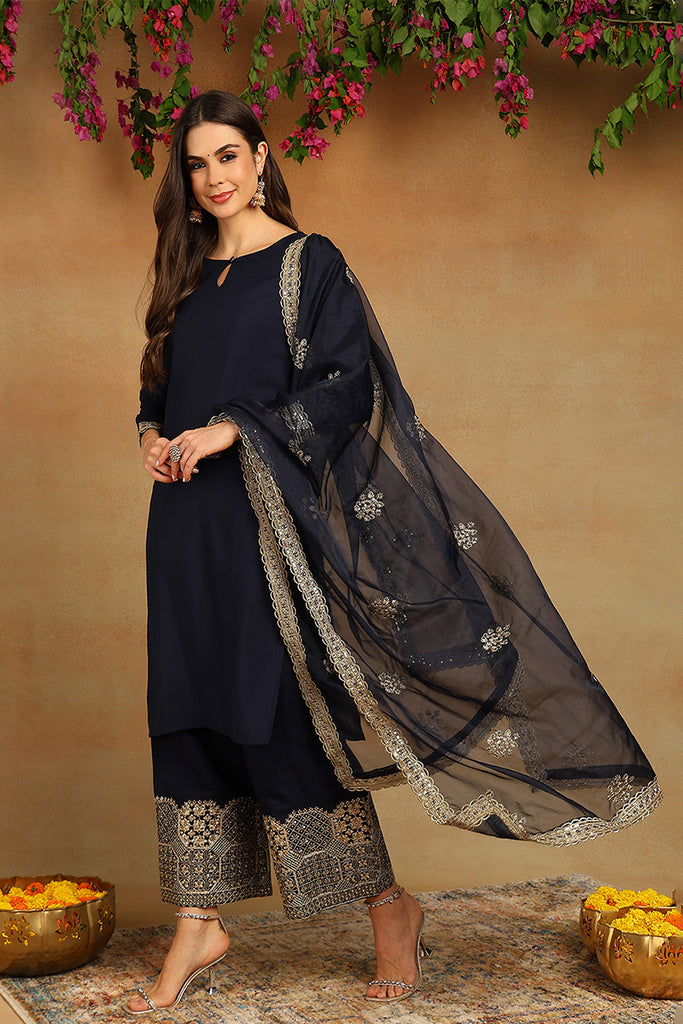 Navy Blue Silk Blend Solid Embroidered Straight Suit Set PKSKD2249