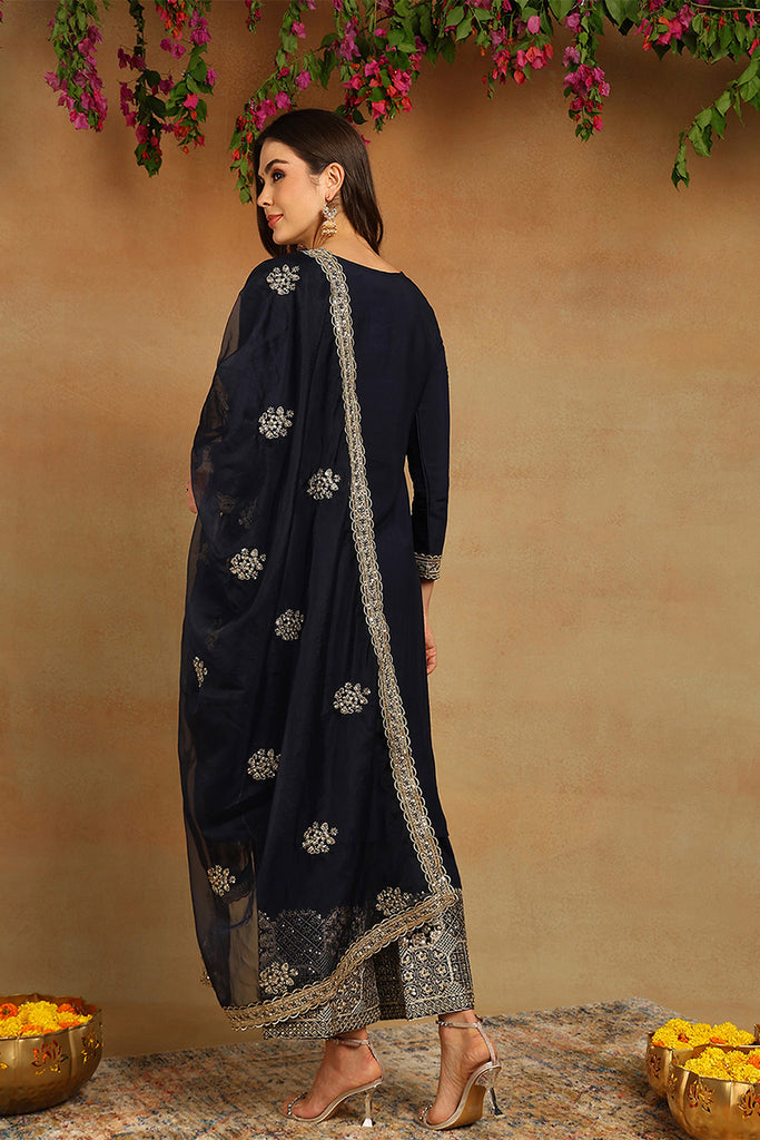 Navy Blue Silk Blend Solid Embroidered Straight Suit Set PKSKD2249