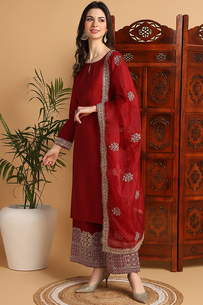 Maroon Silk Blend Solid Embroidered Straight Suit Set PKSKD2250