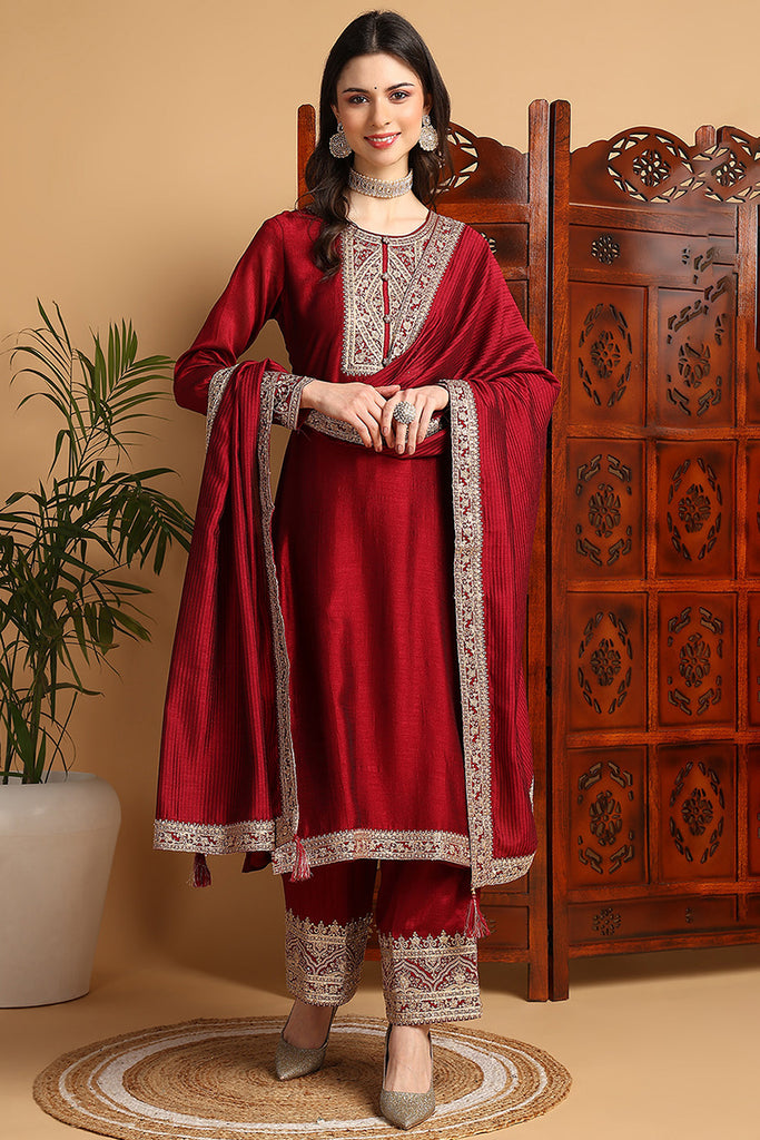 Maroon Silk Blend Solid Embroidered Straight Suit Set PKSKD2260