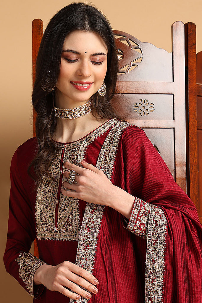 Maroon Silk Blend Solid Embroidered Straight Suit Set PKSKD2260