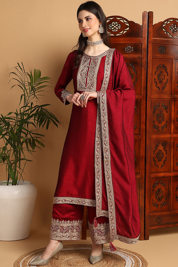 Maroon Silk Blend Solid Embroidered Straight Suit Set PKSKD2260