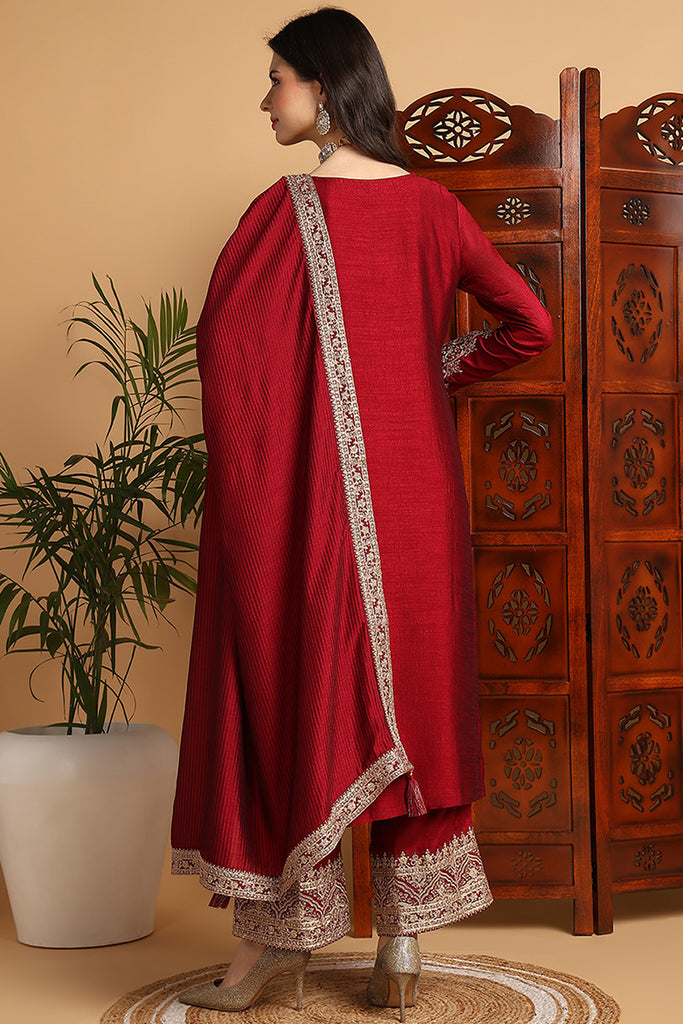 Maroon Silk Blend Solid Embroidered Straight Suit Set PKSKD2260