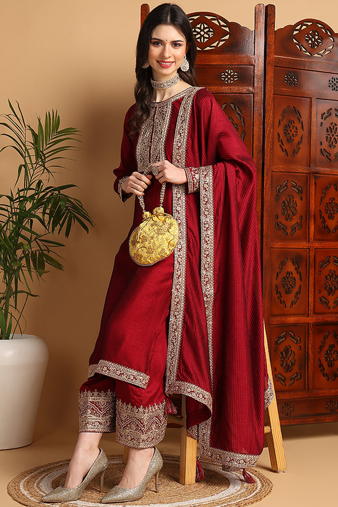 Maroon Silk Blend Solid Embroidered Straight Suit Set PKSKD2260