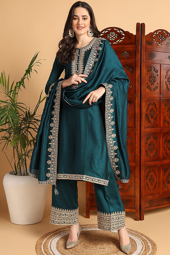 Green Silk Blend Solid Embroidered Straight Suit Set PKSKD2261