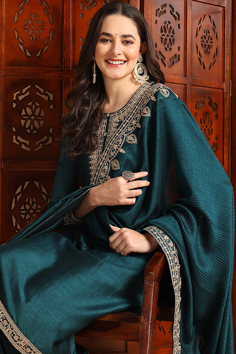 Green Silk Blend Solid Embroidered Straight Suit Set PKSKD2261