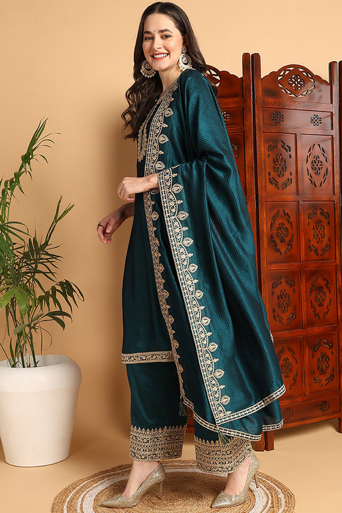 Green Silk Blend Solid Embroidered Straight Suit Set PKSKD2261