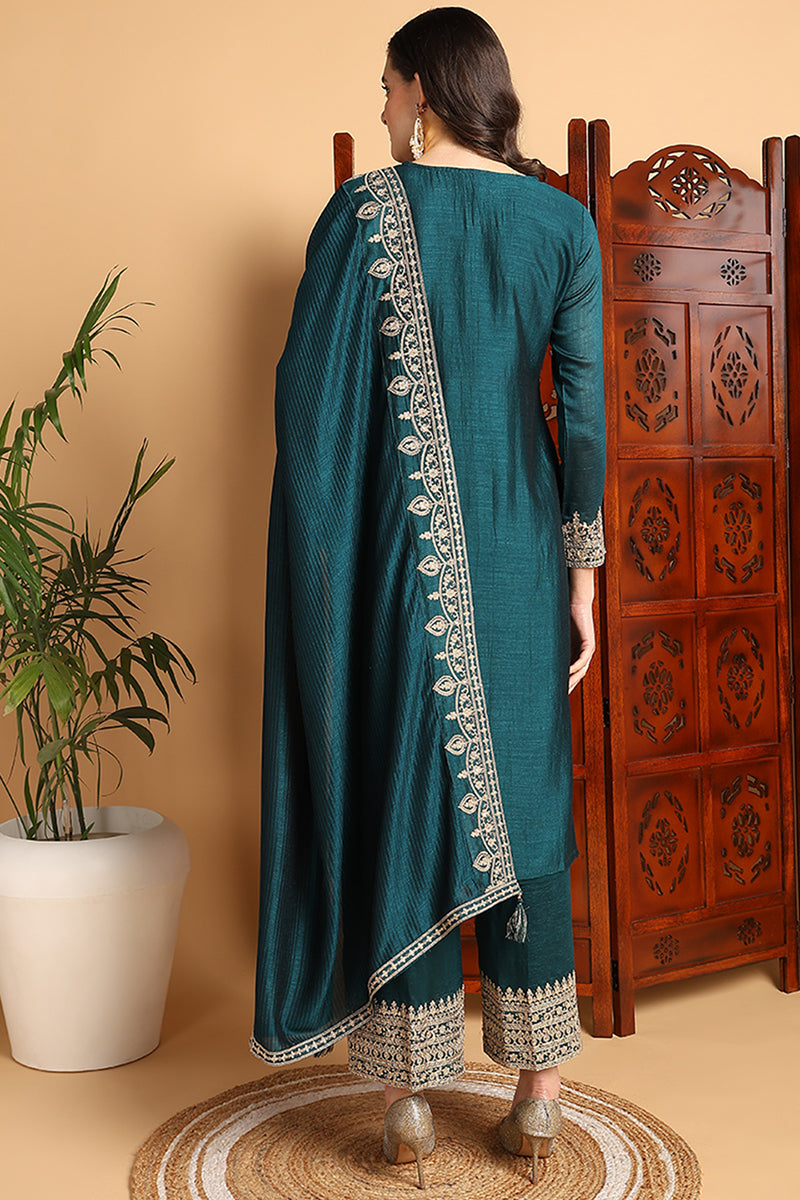 Green Silk Blend Solid Embroidered Straight Suit Set PKSKD2261