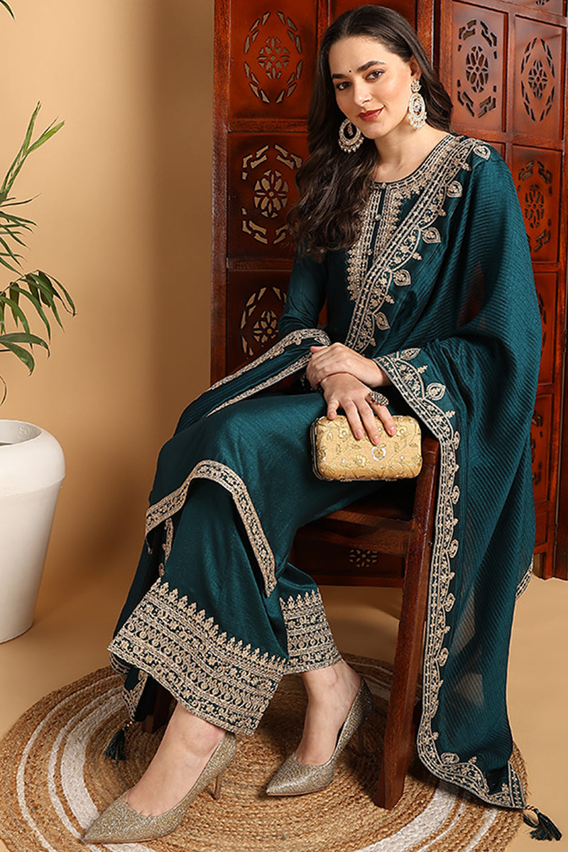 Green Silk Blend Solid Embroidered Straight Suit Set PKSKD2261