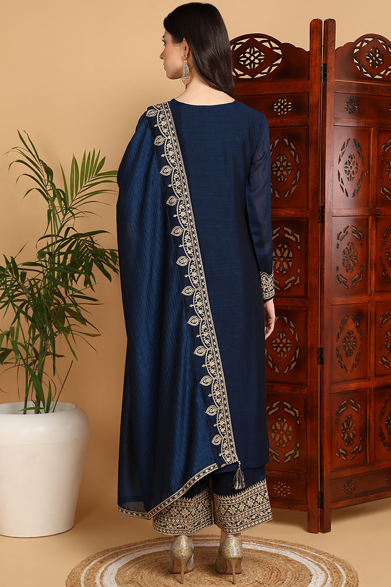 Navy Blue Silk Blend Solid Embroidered Straight Suit Set PKSKD2262