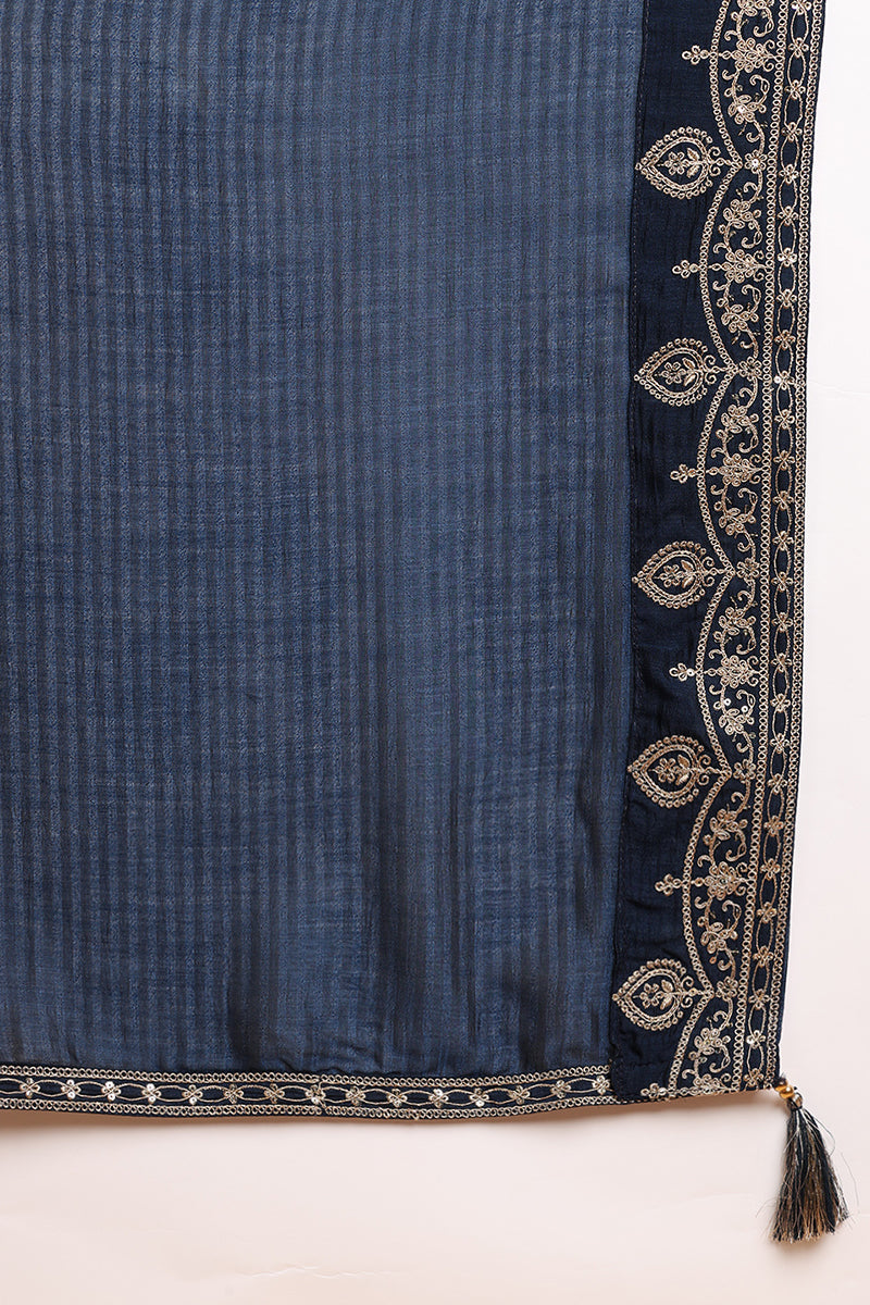 Navy Blue Silk Blend Solid Embroidered Straight Suit Set PKSKD2262