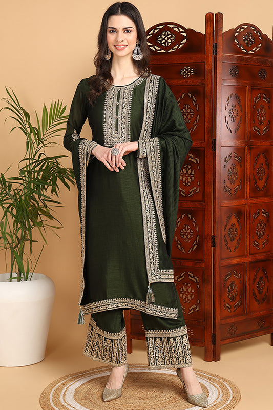 Green Silk Blend Solid Embroidered Straight Style Suit Set PKSKD2263