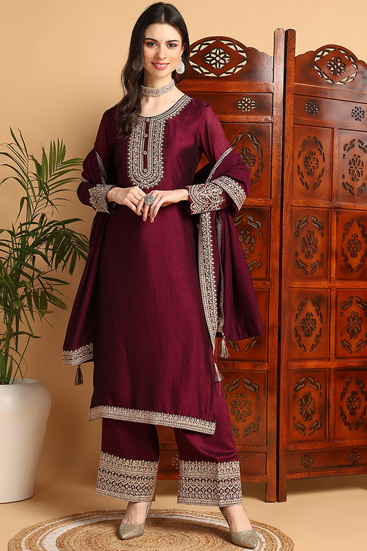 Wine Silk Blend Solid Embroidered Straight Palazzo Bottom Suit Set PKSKD2264