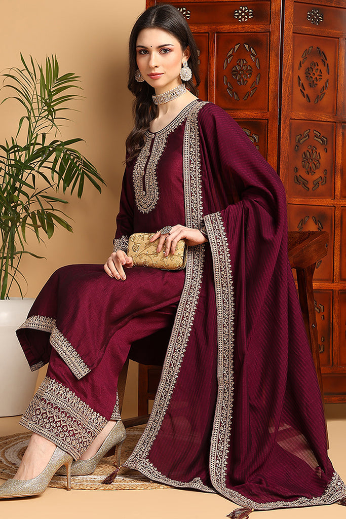 Wine Silk Blend Solid Embroidered Straight Palazzo Bottom Suit Set PKSKD2264