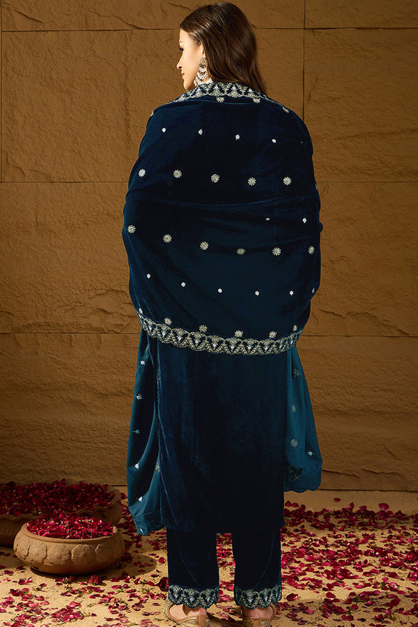 Blue Velvet Solid Embroidered Straight Trousers Suit Set PKSKD2277