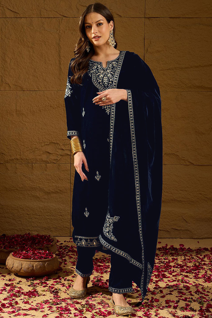 Navy Blue Velvet Solid Embroidered Straight Trousers Suit Set PKSKD2286