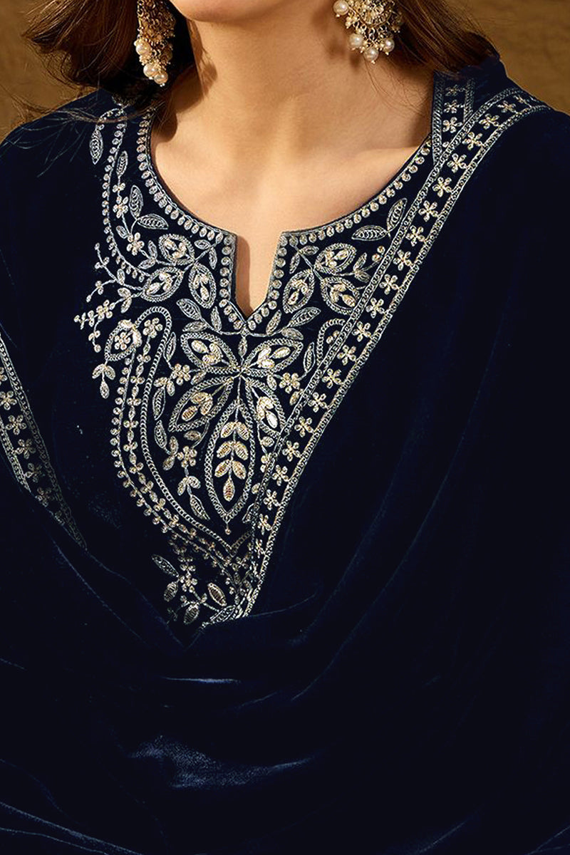 Navy Blue Velvet Solid Embroidered Straight Trousers Suit Set PKSKD2286