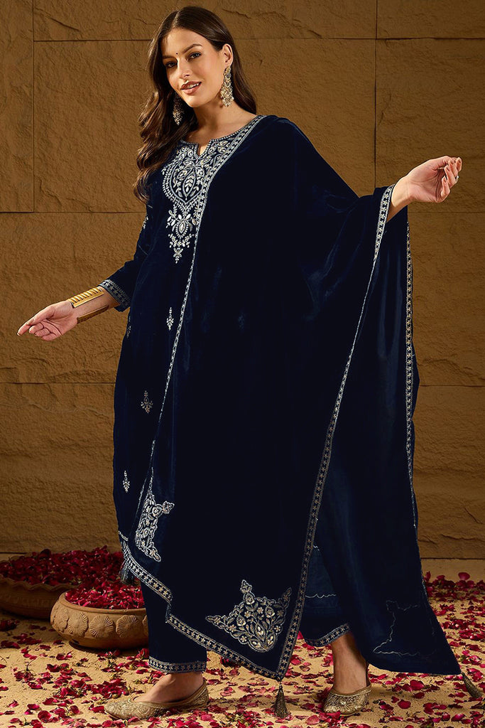 Navy Blue Velvet Solid Embroidered Straight Trousers Suit Set PKSKD2286