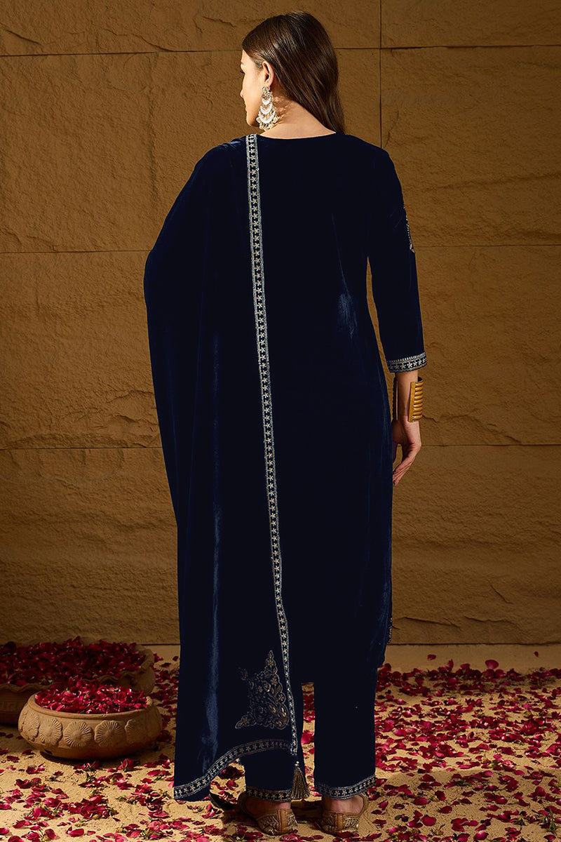Navy Blue Velvet Solid Embroidered Straight Trousers Suit Set PKSKD2286