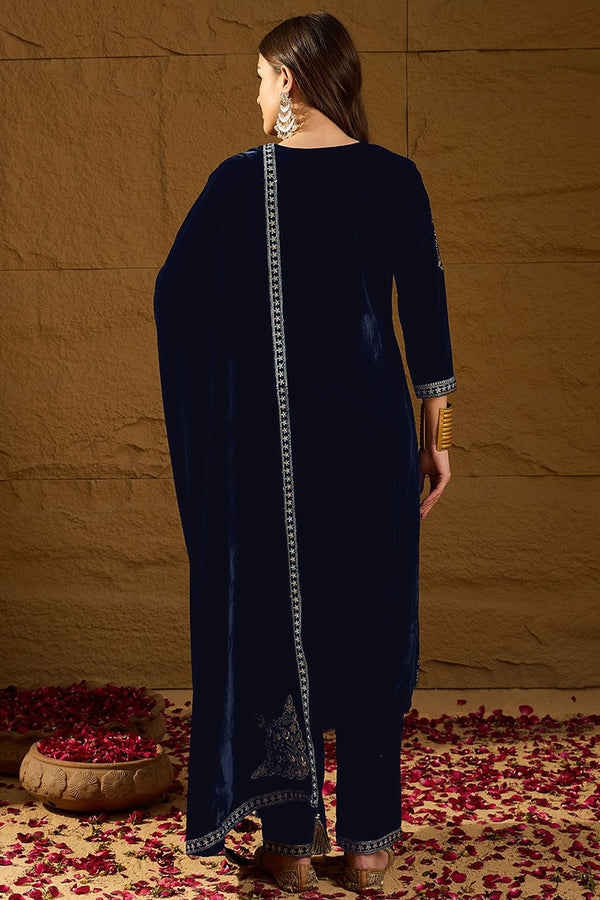 Navy Blue Velvet Solid Embroidered Straight Trousers Suit Set PKSKD2286
