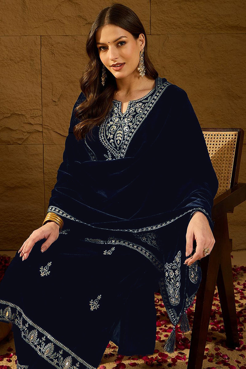 Navy Blue Velvet Solid Embroidered Straight Trousers Suit Set PKSKD2286