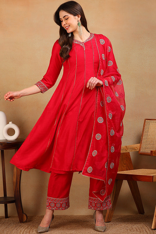 Red Silk Blend Solid Embroidered Flared Empire Suit Set PKSKD2289