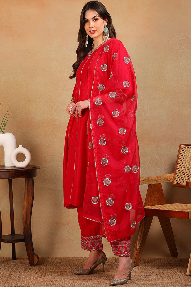 Red Silk Blend Solid Embroidered Flared Empire Suit Set PKSKD2289