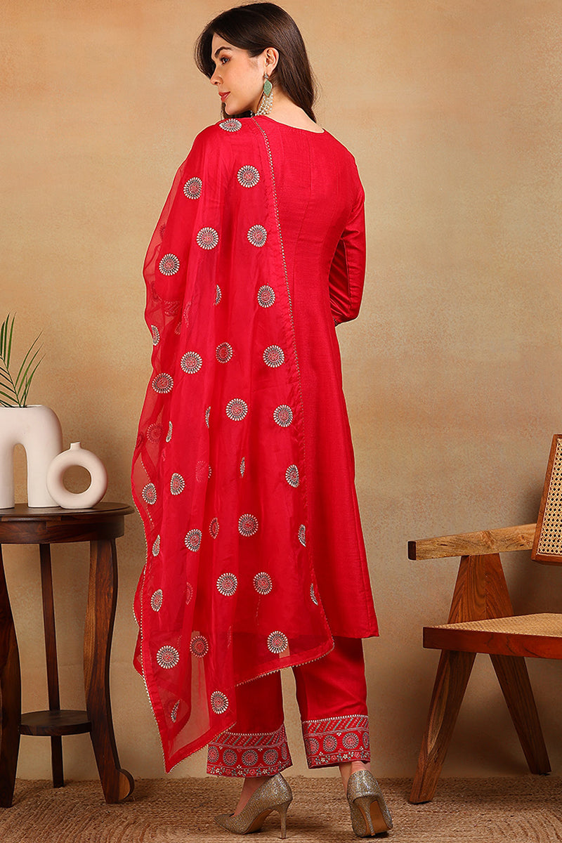 Red Silk Blend Solid Embroidered Flared Empire Suit Set PKSKD2289