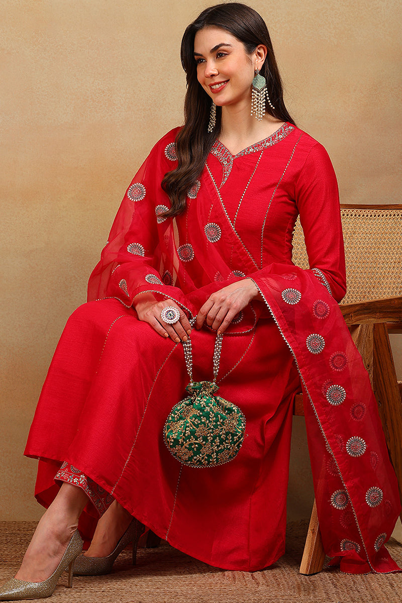 Red Silk Blend Solid Embroidered Flared Empire Suit Set PKSKD2289