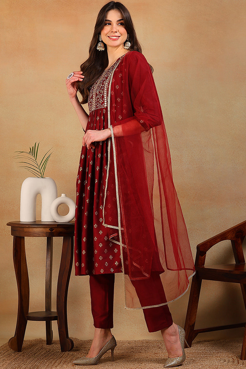 Maroon Silk Blend Solid Woven Design Flared Empire Suit Set PKSKD2295