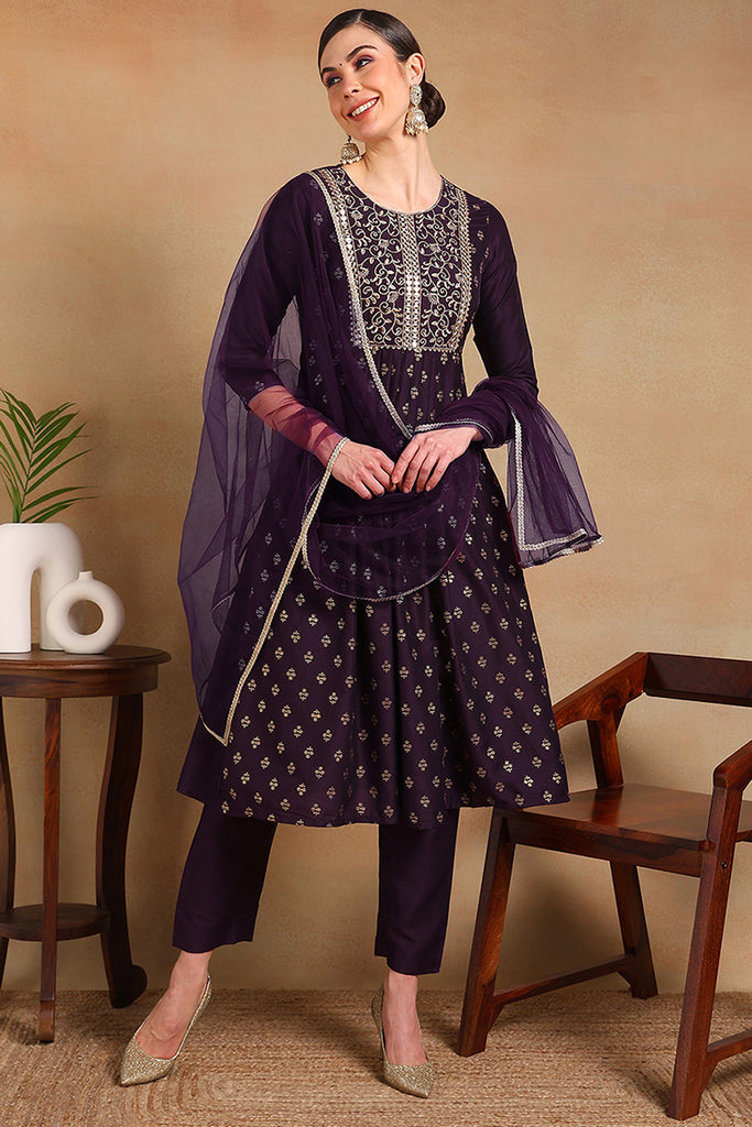 Purple Silk Blend Solid Woven Design Flared Empire Suit Set PKSKD2296