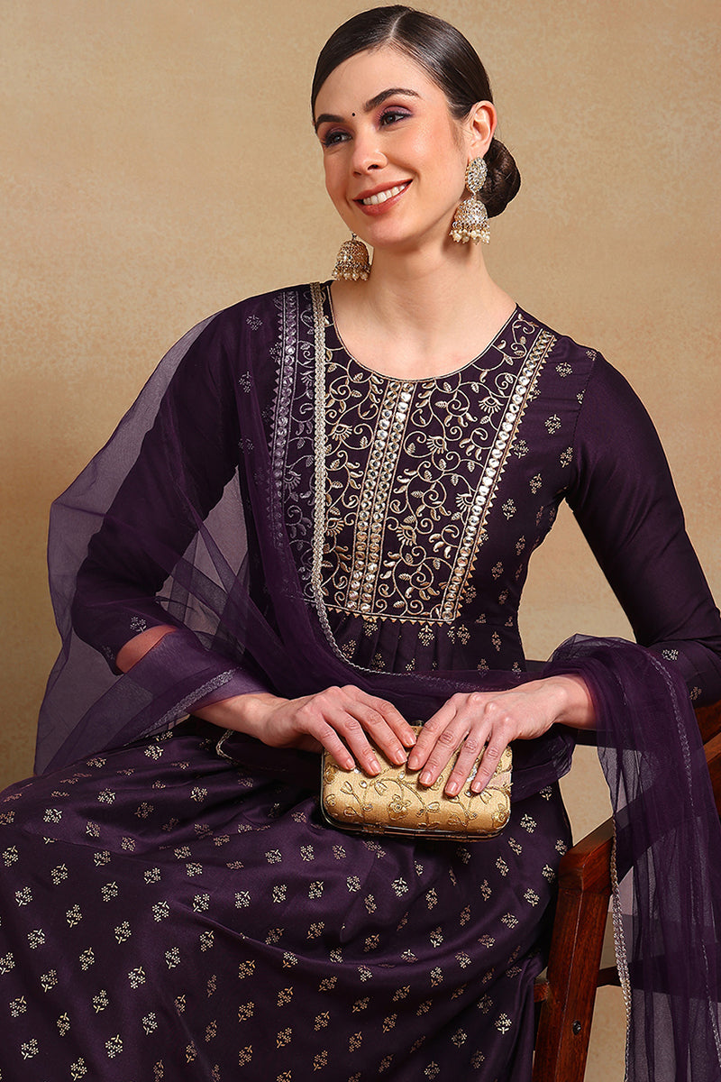 Purple Silk Blend Solid Woven Design Flared Empire Suit Set PKSKD2296